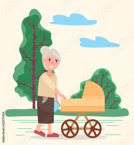 Grandmother with grandchild in baby buggy in park have walk. Grandma roll yellow pram with newborn inside. Outdoor summer activity, stroll on fresh air. Vector illustration of family in flat style