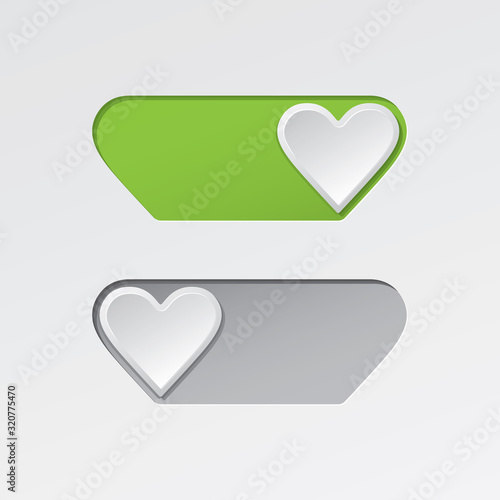 Free Download On and Off Blank Heart Shape Love Symbol Toggle Switch Buttons Modern Devices User Interface Mockup or Template - Green and Grey on White Background - Gradient Graphic Design - GFXLoad