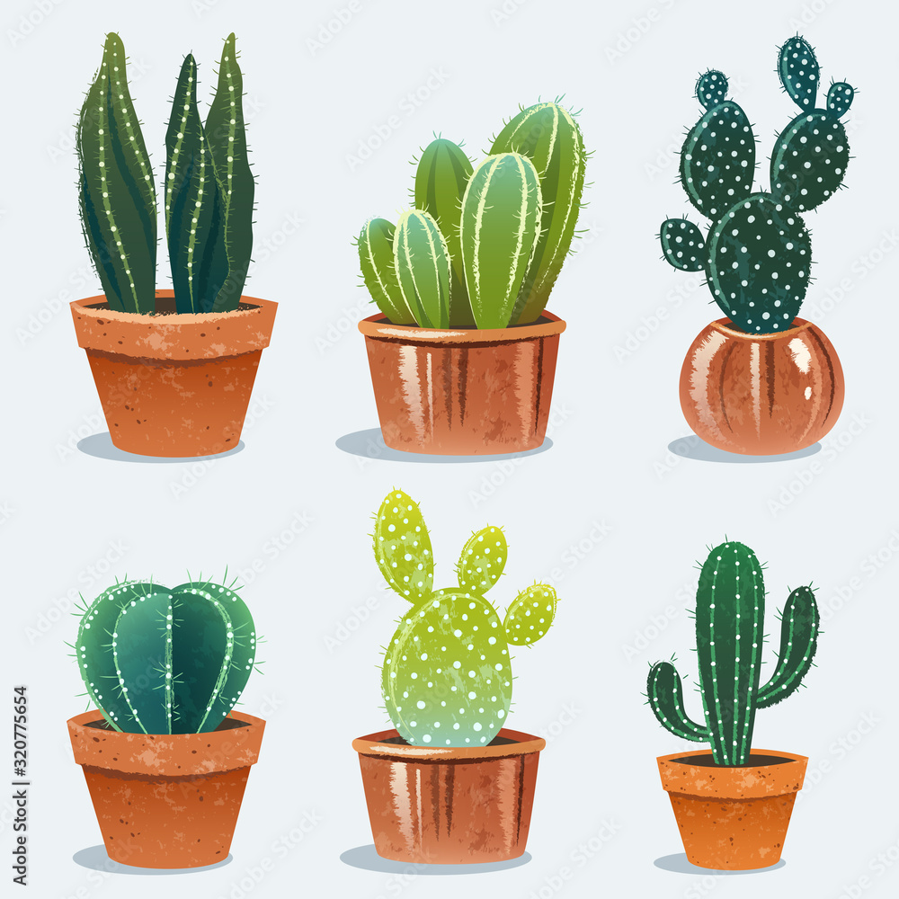 Set of six cactus in flower pot. Home plants. Vector Illustration Set of six cactus in flower pot. Home plants. Vector Illustration