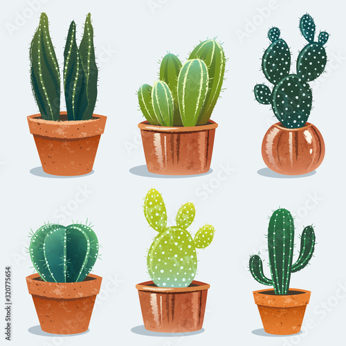 Set of six cactus in flower pot. Home plants. Vector Illustration