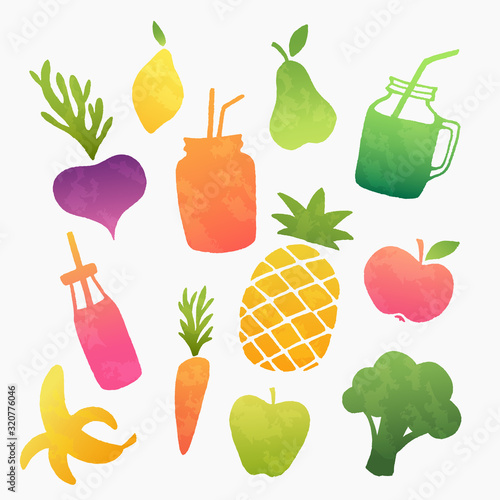 Raw fruits and vegetable smoothies and fresh juices. Healthy vegan food design set. Colorful vector shapes.