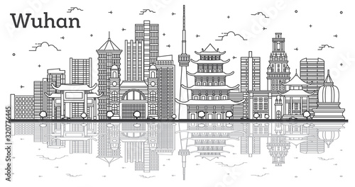 Outline Wuhan China City Skyline with Modern Buildings and Reflections Isolated on White.