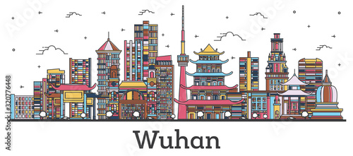 Outline Wuhan China City Skyline with Color Buildings Isolated on White.