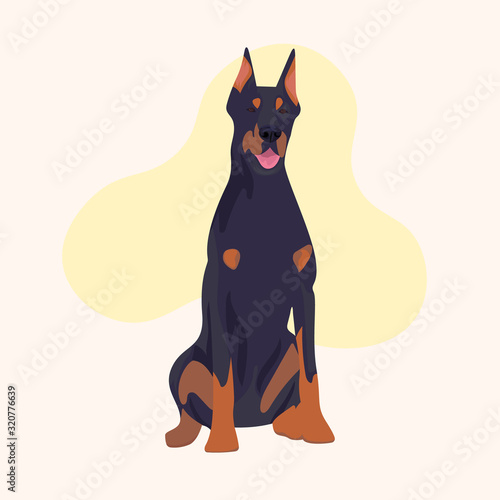 Sitting black Doberman Pinscher dog logo. Aggressive dog. Pet shop. Vet icon. Security guard dog. Playful and friendly. Smiling canine - Flat vector character illustration.