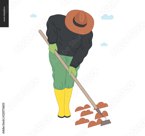 Gardening people, spring - modern flat vector concept illustration of a woman wearing yellow rubber boots and straw hat, working with hoe. Spring gardening concept