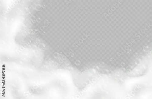 Realistic bath foam with bubbles isolated on transparent background. Sparkling shampoo and soap lather border vector illustration.