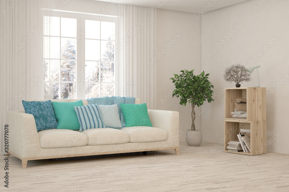 Stylish room in white color with sofa and winter landscape in window. Scandinavian interior design. 3D illustration Stylish room in white color with sofa and winter landscape in window. Scandinavian interior design. 3D illustration