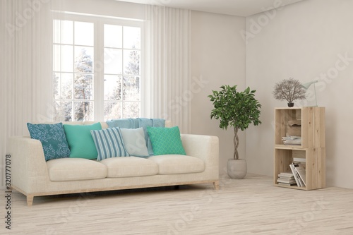 Stylish room in white color with sofa and winter landscape in window. Scandinavian interior design. 3D illustration