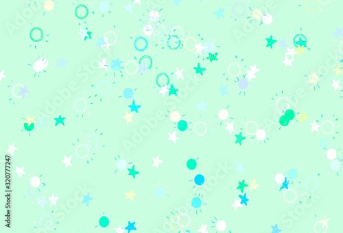 Light Blue, Green vector backdrop with bright stars, suns.