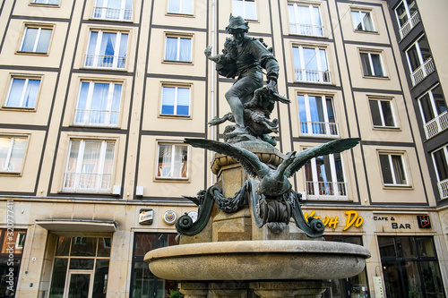 Goose Thief fountain or Gansediebbrunnen in the historic center Altstadt Dresden, Germany. November 2019