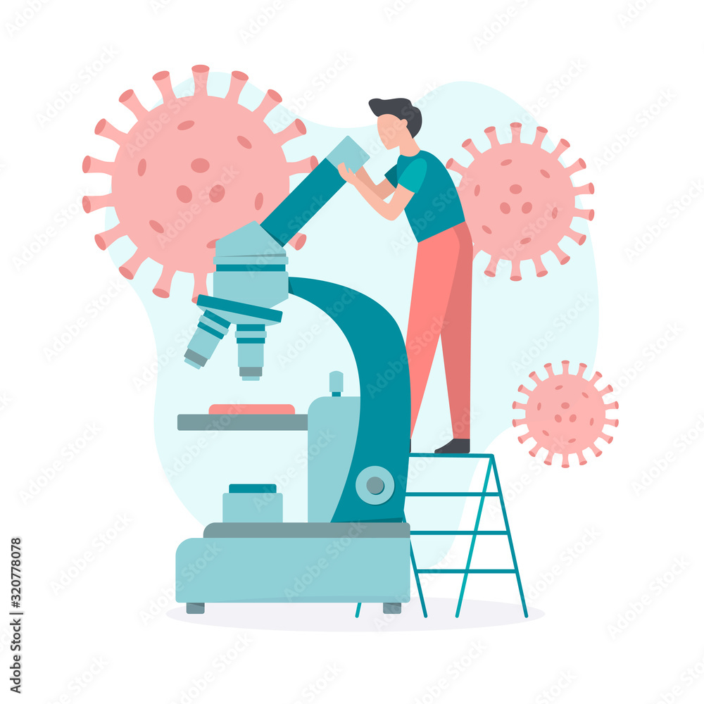 A medical specialist tests the blood for the presence of a coronavirus. Flat vector illustration.