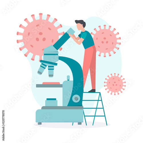 A medical specialist tests the blood for the presence of a coronavirus. Flat vector illustration.