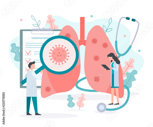 Doctor checking the lungs for the presence of coronavirus. Tests are performed. Medical concept. Flat vector illustration.