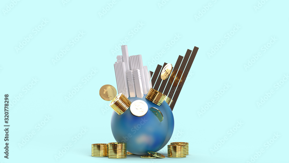 Naklejka premium building on earth coins and chart 3d rendering for business content..