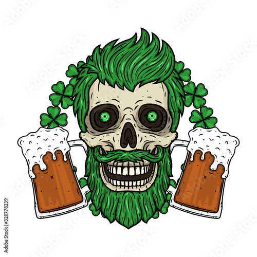 Irish skull. The skull of Saint Patrick's with glass beer and clover leaves.