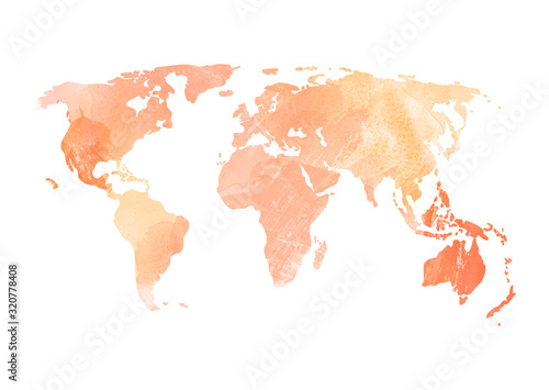 Canvas Print Orange World map illustration Watercolor stains texture