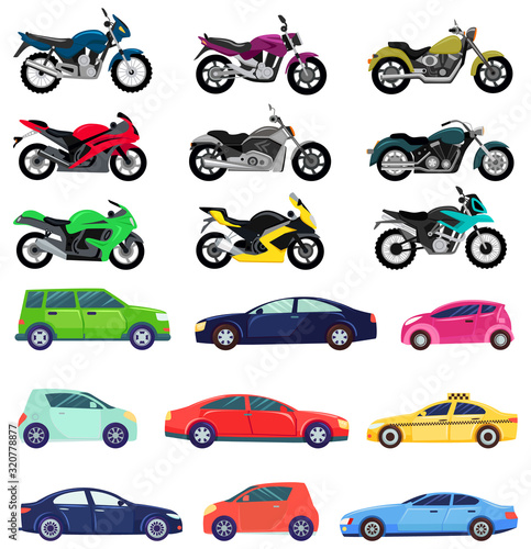 Vans and sports cars vector, isolated set of transportation. Vehicles transport of different types and shapes. Motorbike and bikes with seat, lorry. Buy new car and moto bike. Flat cartoon