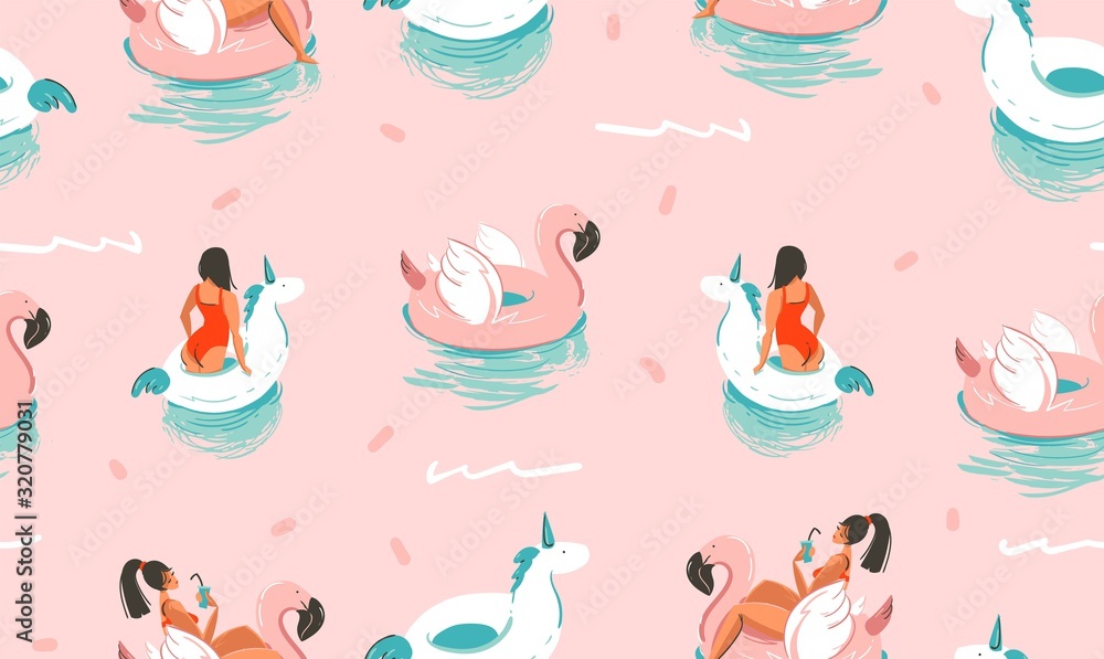Hand drawn vector stock abstract cute summer time cartoon illustrations seamless pattern with unicornand flamingo rubbers rings and dolphins isolated on pink background