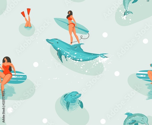 Hand drawn vector stock abstract cute summer time cartoon illustrations seamless pattern with surfboard girls and dolphins in blue ocean water background.