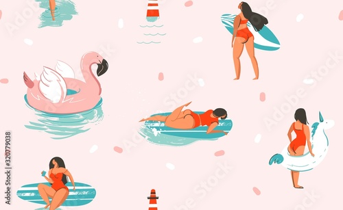 Hand drawn vector stock abstract cute summer time cartoon illustrations seamless pattern with unicornand flamingo rubbers rings and dolphins isolated on pink background