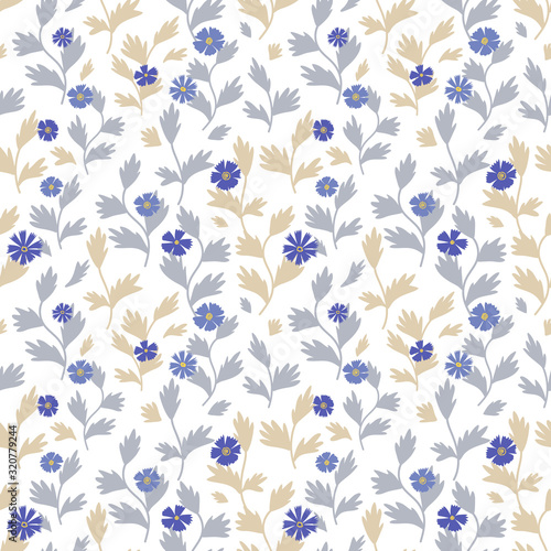 Seamless vector floral hand drawn pattern. Leaf and cornflowers, background, pastel colours for scrapbooking, textile