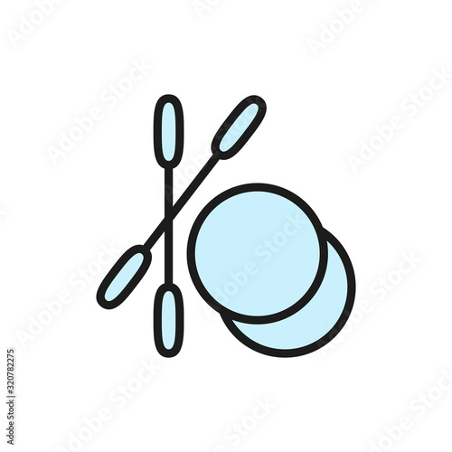 Ears stick, cotton swabs and pads flat color line icon.