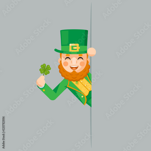 Looking out corner saint patrick leprechaun gnome with clover day celebration clover flat design vector illustration