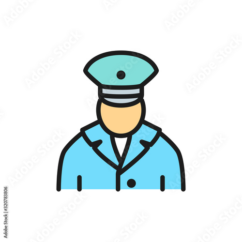 Railway worker, train conductor, subway flat color line icon.