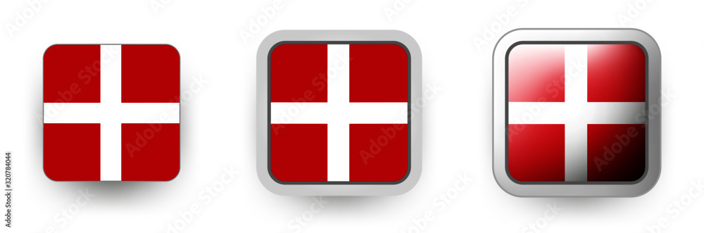 6 Denmark vector icons - button shield and gear, flat and volumetric style in flag colors red, white for flyer any holiday design or poster