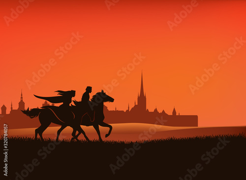 prince and princess riding horses in the sunset field with ancient medieval town in the background - old legend scene vector illustration