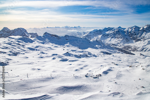 aerial view of ski slopes in the Swiss Alps