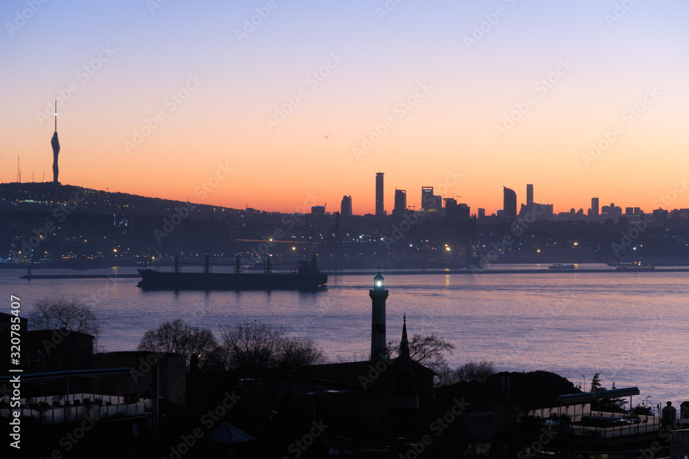 Istanbul, Turkey - Jan 11, 2020: The Bosphorus  Straits of Istanbul, Camlıca Hill and the business district of Uskudar is in the Background.