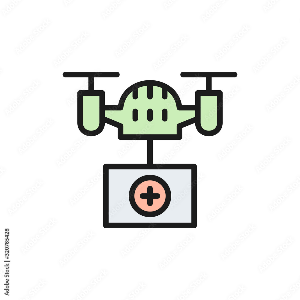 Drone with medical box, fast delivery, transportation flat color line icon.