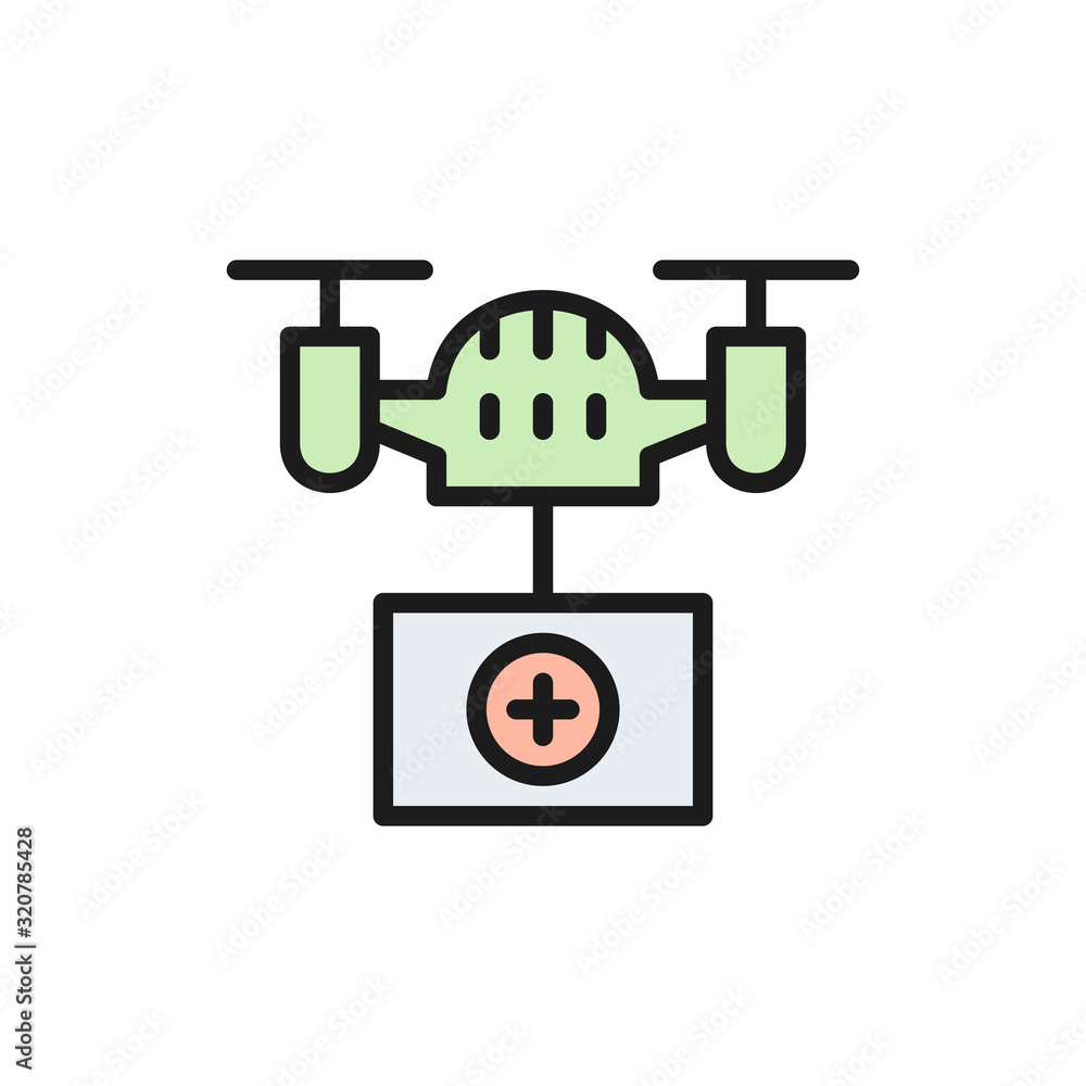 Drone with medical box, fast delivery, transportation flat color line icon. Drone with medical box, fast delivery, transportation flat color line icon.