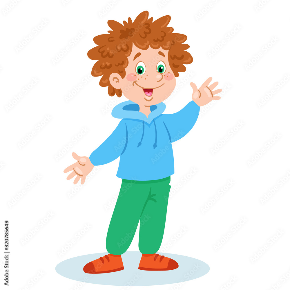 Funny little boy stands and waves his hand. In cartoon style. Isolated on white background. Vector illustration. Funny little boy stands and waves his hand. In cartoon style. Isolated on white background. Vector illustration.