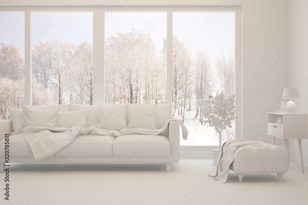 Mock up of stylish room in white color with sofa and winter landscape in window. Scandinavian interior design. 3D illustration