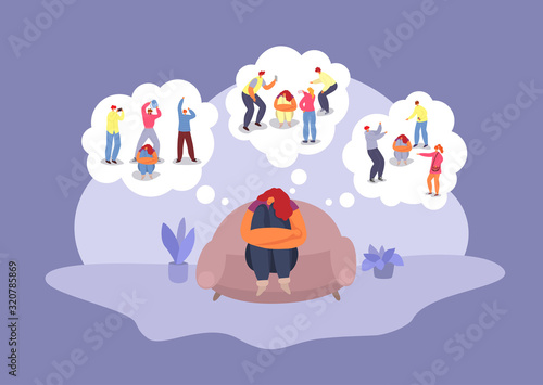 Bullying depression vector illustration. Victim girl worries about harassments by people attackers persons group. Young sad depressed woman or teenager thinks about bullying incidents.