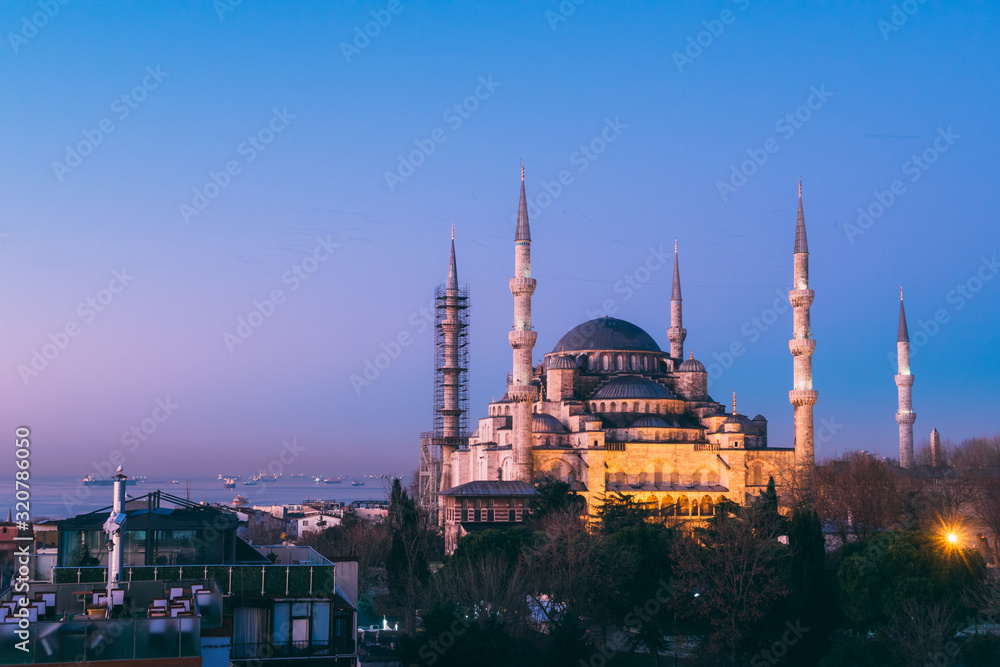 Istanbul, Turkey - Jan 11, 2020: Night top view over Sultan Ahmed Mosque or Blue Mosque, Sultanahmet, Istanbul, Turkey