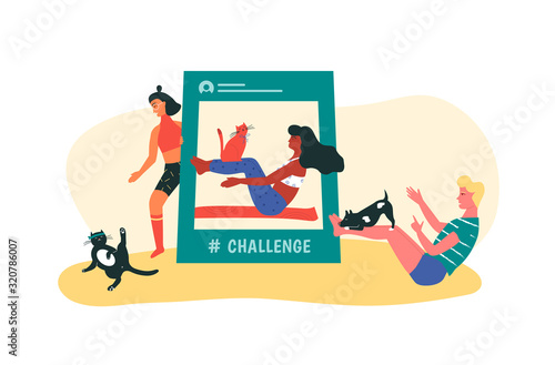 Man and woman trying to repeat fitness challenge with their pets. Yoga and pilates influencer trainer.