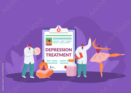 Depression treatment vector illustration concept. Doctor with pill for depressed woman patient. Medical therapy helped to happy dancing girl. Antidepressant, clipboard with report, recipe.