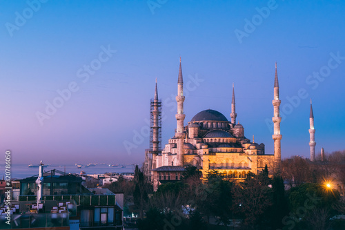 Istanbul, Turkey - Jan 11, 2020: Night top view over Sultan Ahmed Mosque or Blue Mosque, Sultanahmet, Istanbul, Turkey