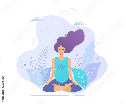 Pregnant woman practicing yoga and meditation vector illustration