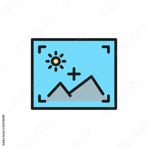 Picture in photo frame, autofocus, action camera flat color line icon.