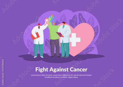 Cancer fight vector illustration, winning patient and people doctors oncologists. Happy cured man. Healthcare, medical treatment, together against cancer campaign concept.