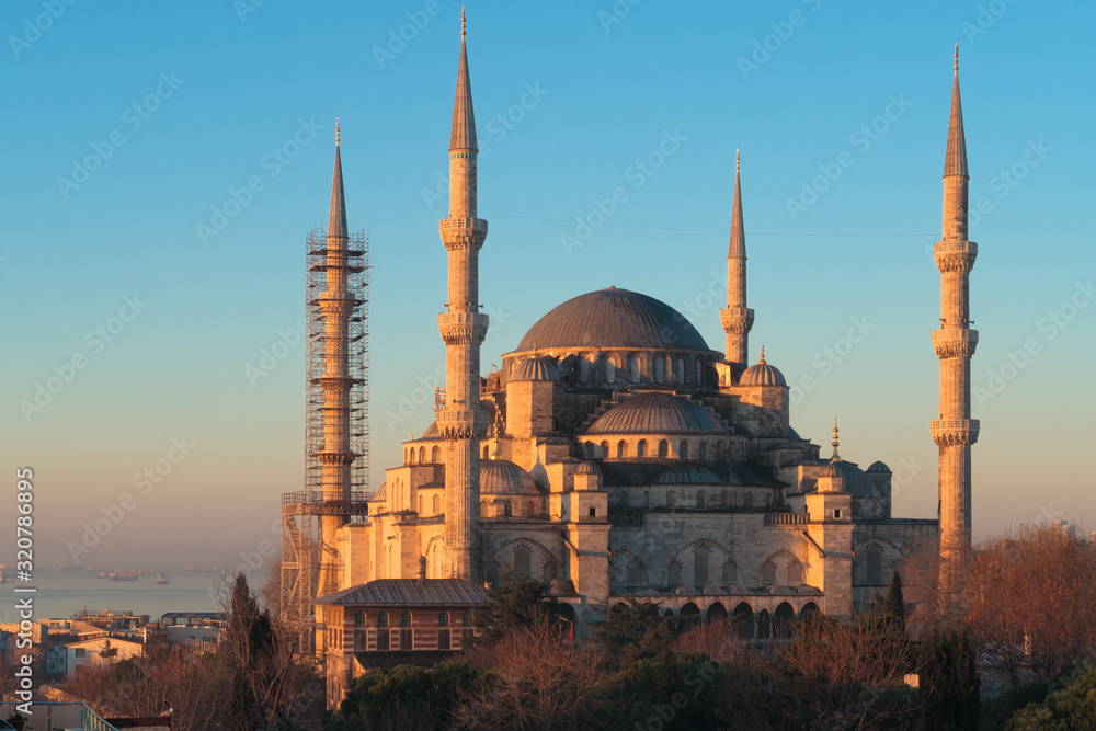 Istanbul, Turkey - Jan 11, 2020: top view over Sultan Ahmed Mosque or Blue Mosque, Sultanahmet, Istanbul, Turkey