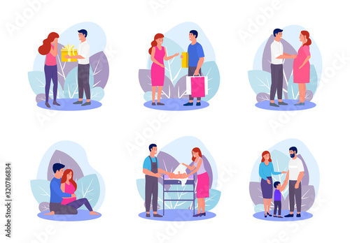 Couple man, woman happy life dating, family, pregnancy, childbirth vector illustration isolated collection set. People with gifts, parents, hugging, swaddling little baby.