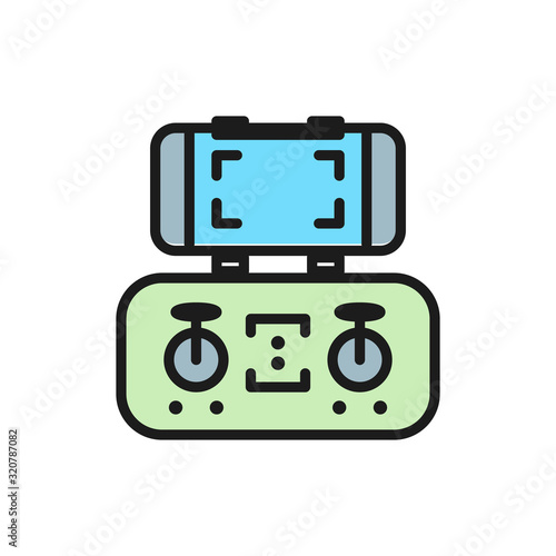 Mobile control panel for drone, gamepad flat color line icon.