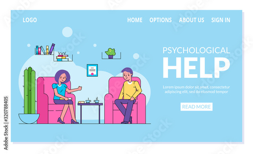 Psychological help, patient visiting doctor psychotherapist vector illustration website internet page. Sad man and woman psychologist in office room interior. Mental healthcare, medical assistance.