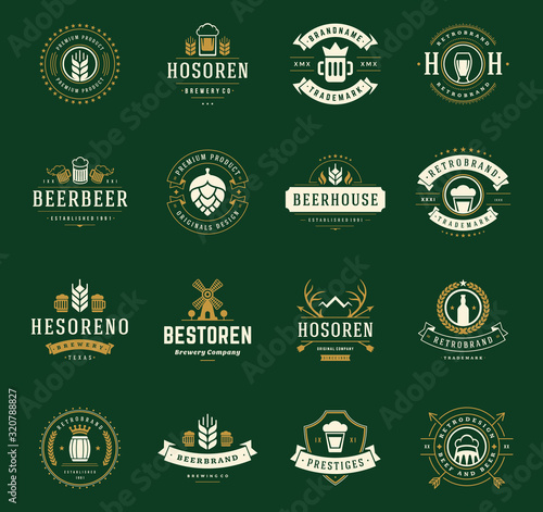 Vintage craft beer logos and badges with barrels with beer glass mugs symbols vector illustration
