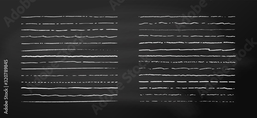 Set of chalk lines on chalkboard background. Hand drawn vector borders. Vintage doodle underlines. Cartoon pattern element. Grunge frame set.
